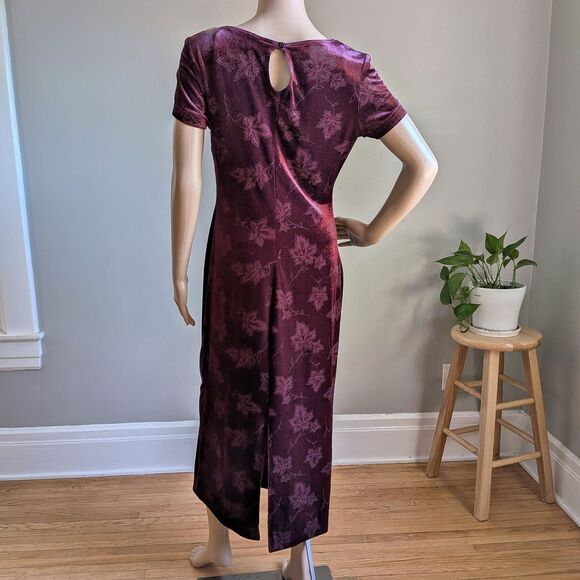 Vintage 90s Lisa Jo Velvet Maxi Dress Glitter Floral Burgundy Whimsigoth Size 5 - Picture 4 of 11